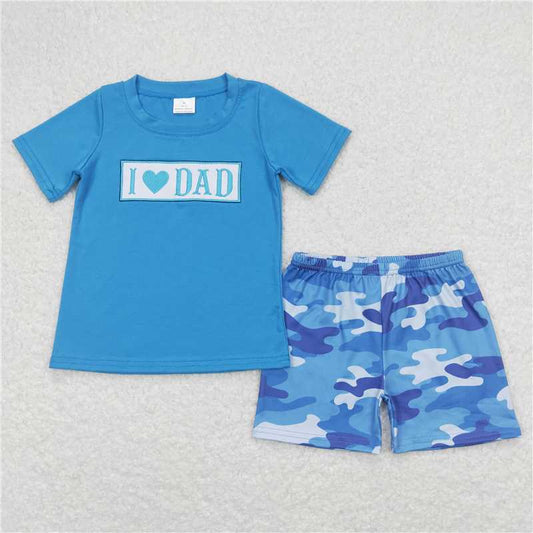 RTS NO MOQ Baby Boys kids Summer Sets BSSO0455  I Love Dad Shirt Tops Blue Camo Shorts Clothes Sets