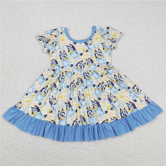 8.1 RTS NO MOQ Summer Baby Girls Dresses GSD0686 Short Sleeve Blue Ruffle Knee Length Dogs Dresses