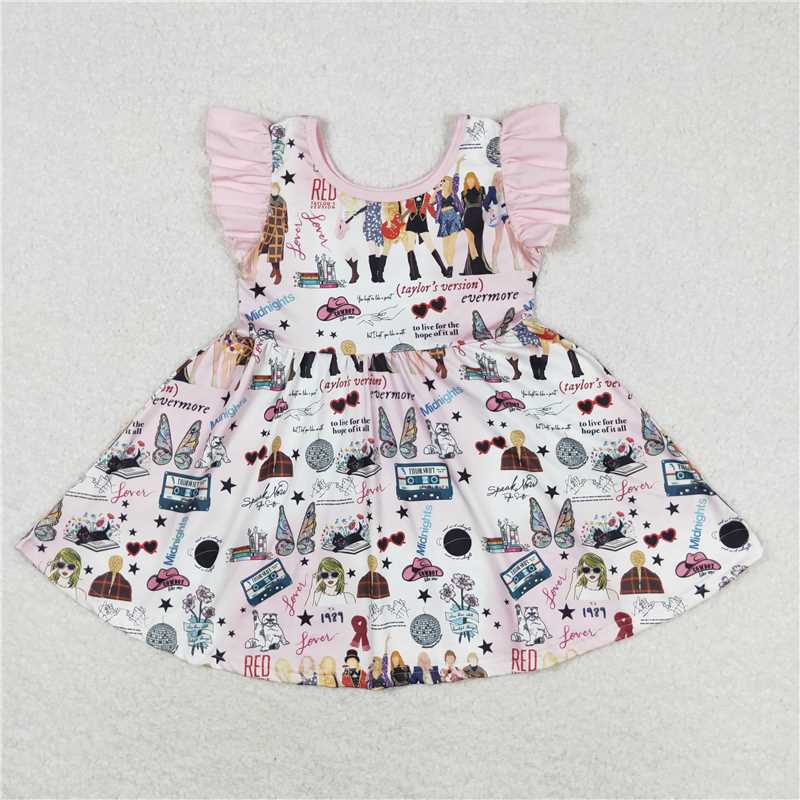 7.30 RTS NO MOQ Summer Baby Girls Dresses GSD1093 Pink Singer Butterfly Flutter Sleeve Knee Length Dresses