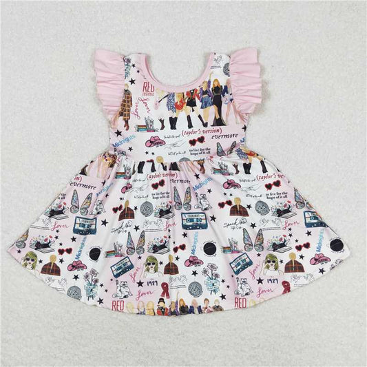 7.30 RTS NO MOQ Summer Baby Girls Dresses GSD1093 Pink Singer Butterfly Flutter Sleeve Knee Length Dresses