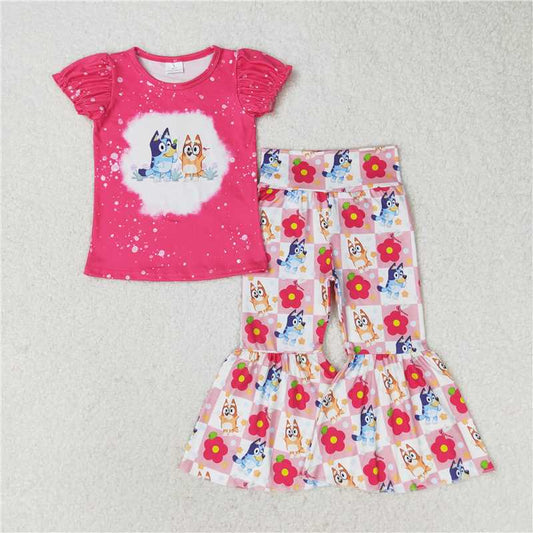 RTS NO MOQ Baby Girls Summer Kids Sets GSPO1275 Pink Dogs Shirts Top Flowers Bell Pants Clothes Sets