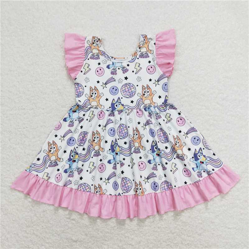 7.30 RTS NO MOQ Summer Baby Girls Dresses GSD1062 Dogs Disco Flutter Sleeve Knee Length Dresses