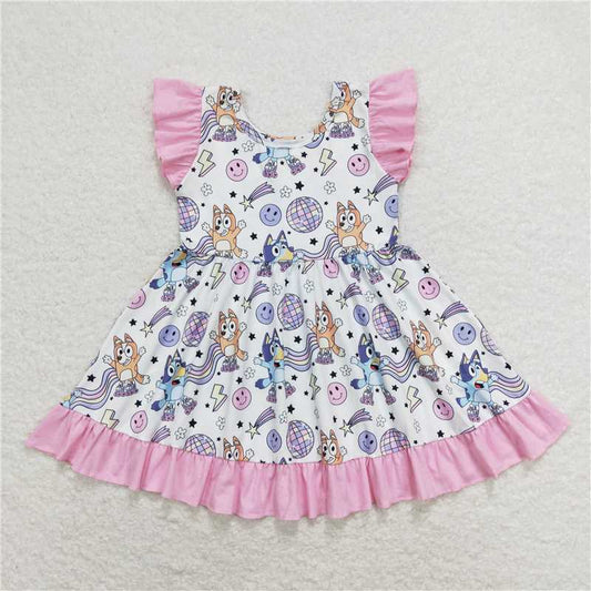 7.30 RTS NO MOQ Summer Baby Girls Dresses GSD1062 Dogs Disco Flutter Sleeve Knee Length Dresses