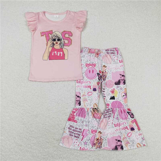 RTS NO MOQ Baby Girls Summer Kids Sets GSPO1507 Singer Pink Flutter Sleeve Shirt Bell Pants Clothes Sets
