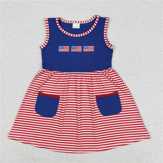 7.31 RTS NO MOQ Summer Baby Girls Dresses GSD0930 Sleeveless 4th Of July Pockets Flags Knee Length Dresses