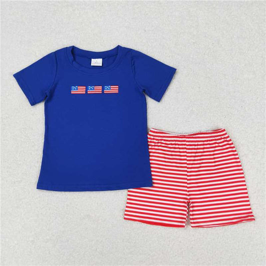 RTS NO MOQ Baby Boys kids Summer Sets BSSO0434 Embroidered national flag blue short-sleeved red and white striped shorts suit
