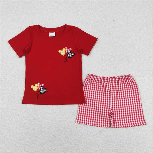 RTS NO MOQ Baby Boys kids Summer Sets BSSO0652 Embroidery Balloon Red Short Sleeve Plaid Shorts Set