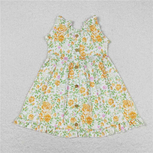 7.30 RTS NO MOQ Summer Baby Girls Dresses GSD0983 Yellow Flowers Sleeveless Buttons Knee Length Dresses