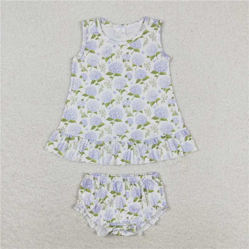 RTS NO MOQ Baby Girls Summer Outifts GBO0342 Blue Flowers Sleeveless Tunic Top Bummies Clothes Sets
