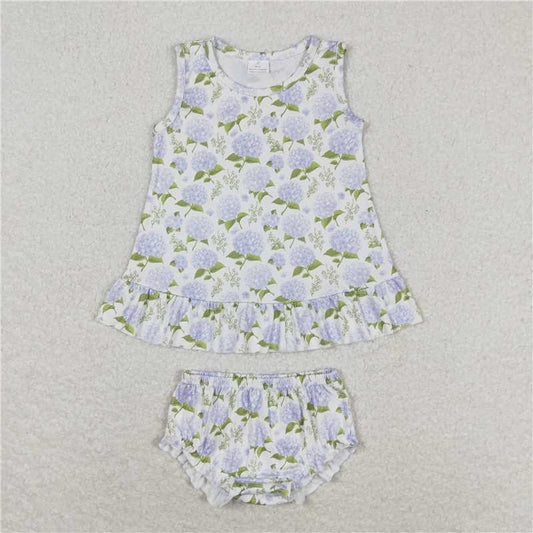 RTS NO MOQ Baby Girls Summer Outifts GBO0342 Blue Flowers Sleeveless Tunic Top Bummies Clothes Sets