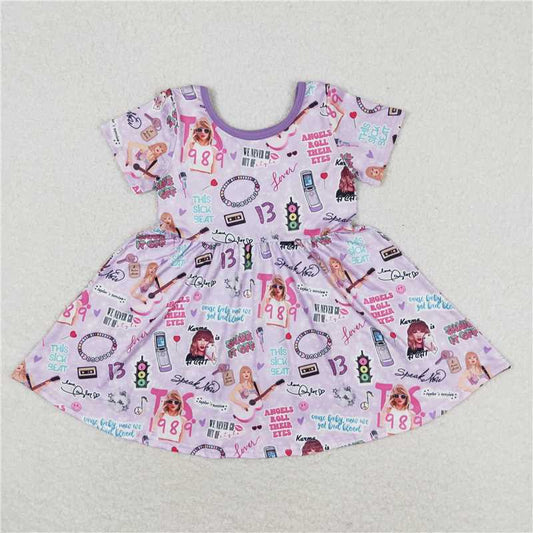 7.30 RTS NO MOQ Summer Baby Girls Dresses GSD1167 Purple Singer 1989 TS Knee Length Dresses