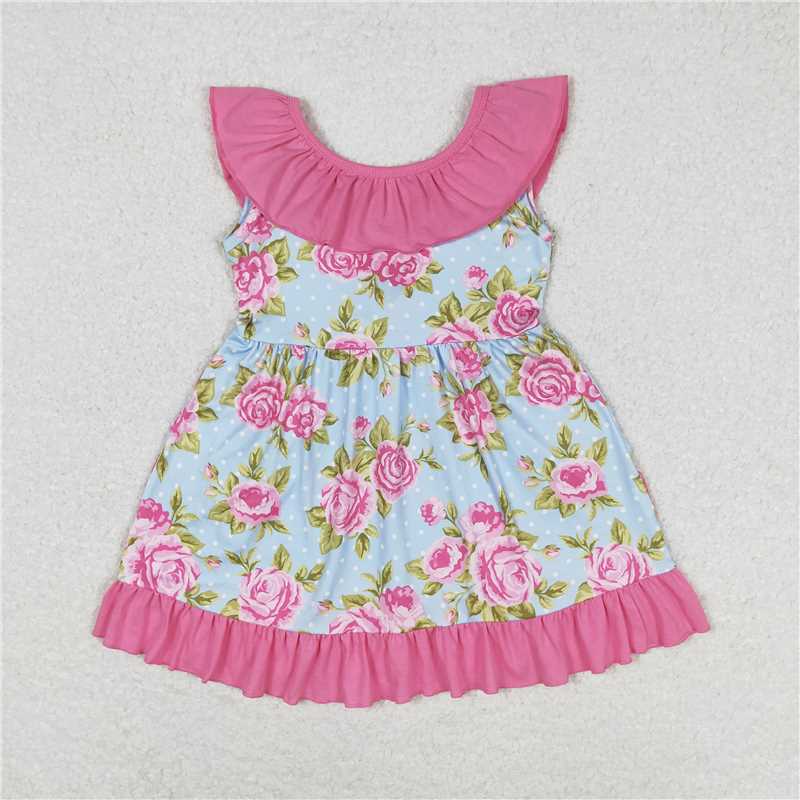 7.30 RTS NO MOQ Summer Baby Girls Dresses GSD0738 Blue Dots Pink Flowers Bow Knee Length Dresses