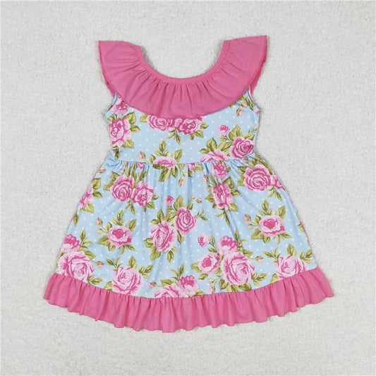 7.30 RTS NO MOQ Summer Baby Girls Dresses GSD0738 Blue Dots Pink Flowers Bow Knee Length Dresses