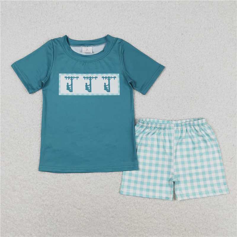 RTS NO MOQ Baby Boys kids Summer Sets BSSO0738 Telephone Pole Maintenance Worker Short Sleeve Plaid Shorts Suit