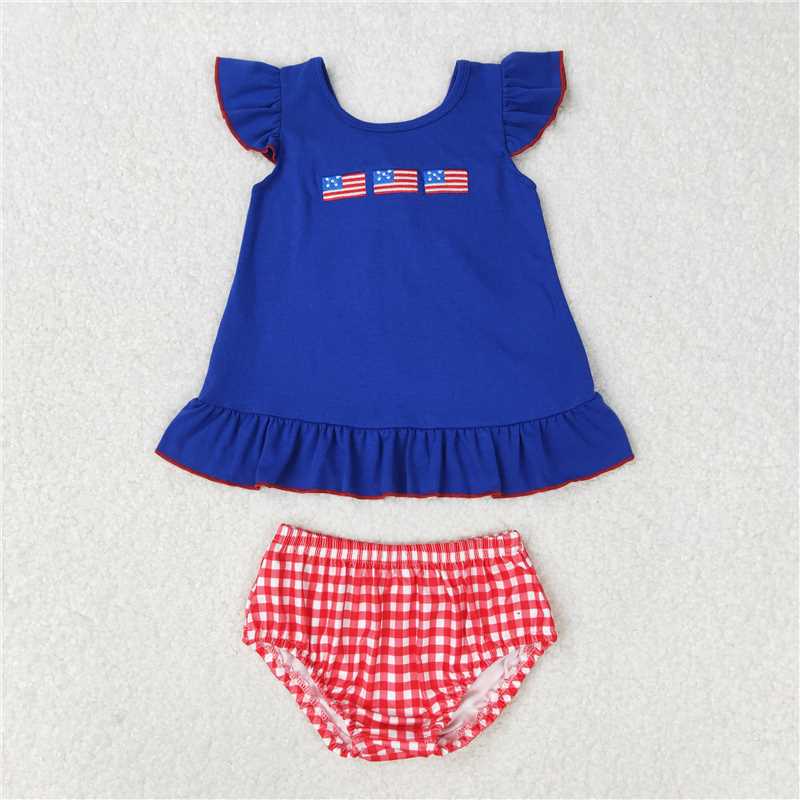 RTS NO MOQ Baby Girls Summer Outifts GBO0311 4th Of July Flags Tunic Bummies Clothes Sets