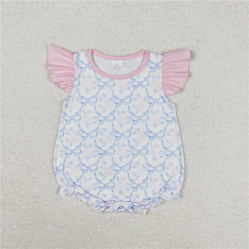 SR1522 Baby Girls Floral Blue Bow Bubble Romper