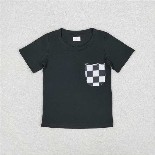 RTS NO MOQ Summer Baby Boys Shirt BT0660 Black Checkered Pockets Short Sleeve Tee Shirts Tops