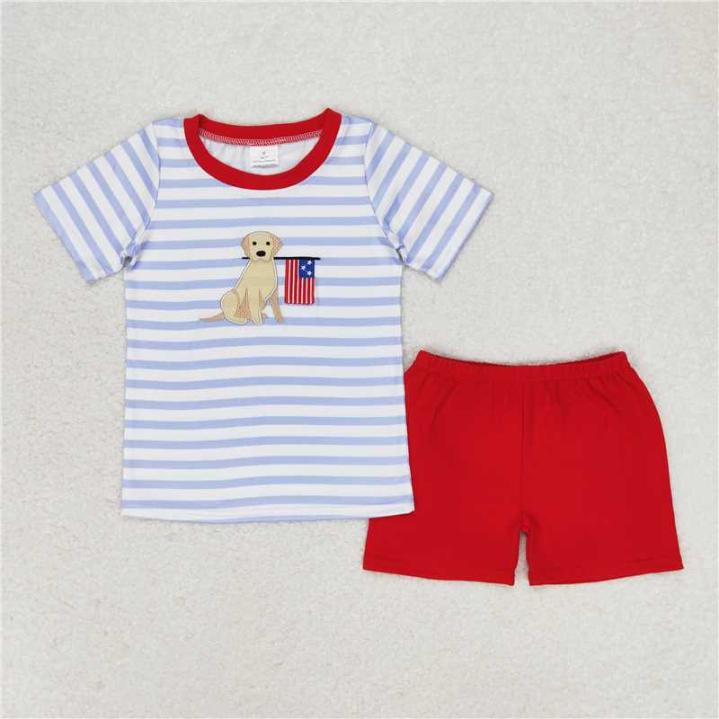 RTS NO MOQ Baby Boys kids Summer Sets BSSO0619 Embroidered Puppy Flag Striped Short Sleeve Red Shorts Set