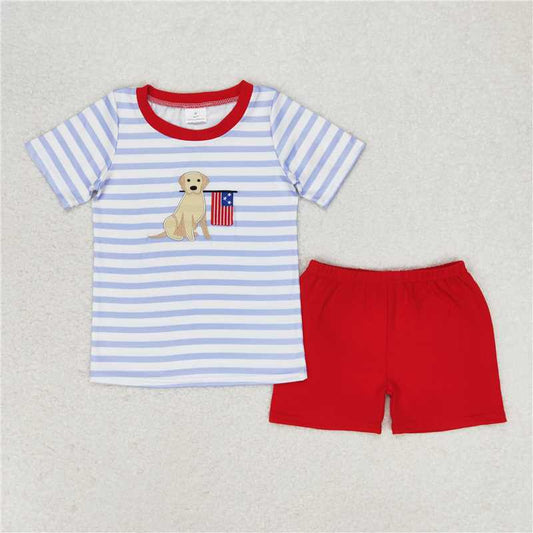 RTS NO MOQ Baby Boys kids Summer Sets BSSO0619 Embroidered Puppy Flag Striped Short Sleeve Red Shorts Set