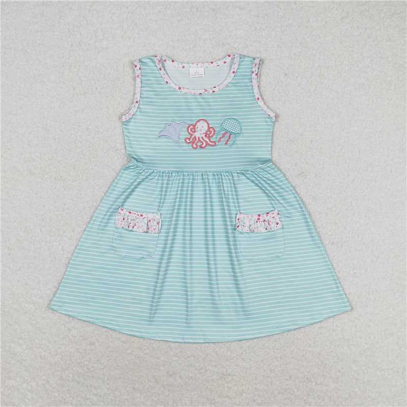 7.30 RTS NO MOQ Summer Baby Girls Dresses GSD0963 Blue Stripes Octopus Flutter Sleeve Knee Length Dresses