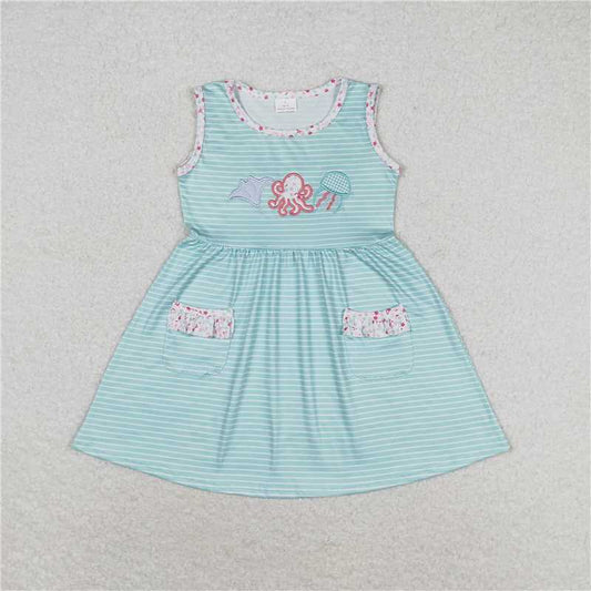 7.30 RTS NO MOQ Summer Baby Girls Dresses GSD0963 Blue Stripes Octopus Flutter Sleeve Knee Length Dresses