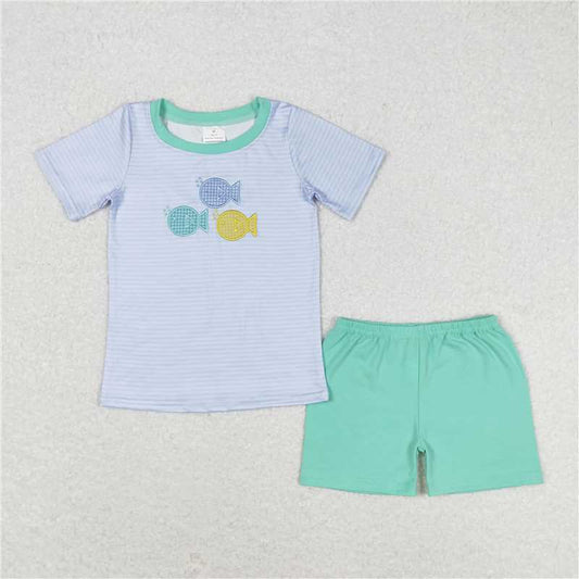 RTS NO MOQ Baby Boys kids Summer Sets BSSO0587 Embroidered fish striped short-sleeved teal shorts set