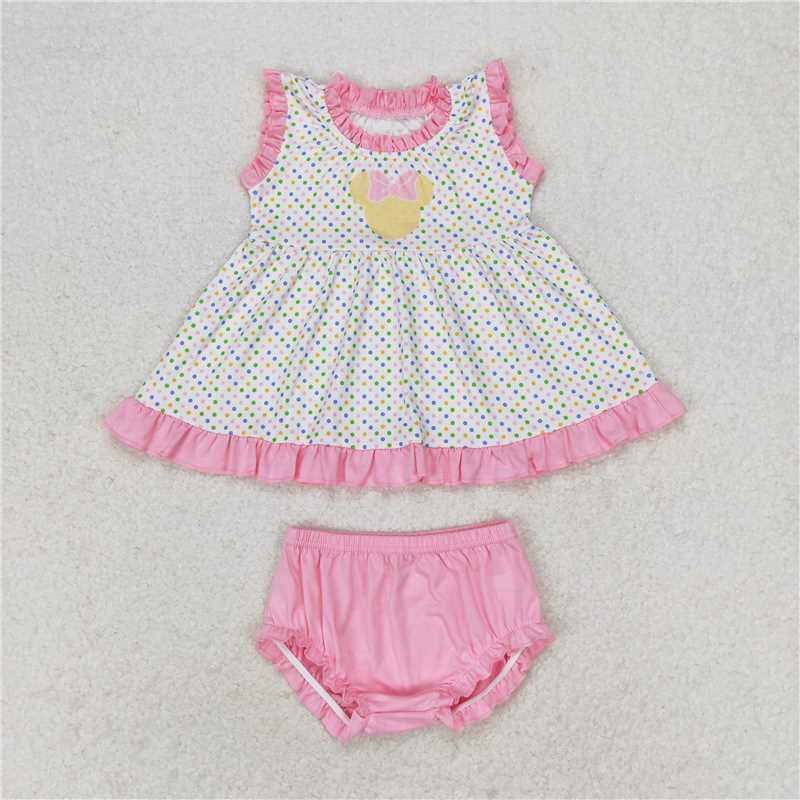 RTS NO MOQ Baby Girls Summer Outifts GBO0314 Pink Polka Dots Tunic Top Bummies Clothes Sets