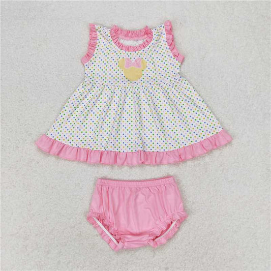 RTS NO MOQ Baby Girls Summer Outifts GBO0314 Pink Polka Dots Tunic Top Bummies Clothes Sets