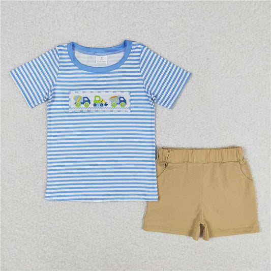 RTS NO MOQ Baby Boys kids Summer Sets BSSO0572 Engineering Vehicle Blue and White Striped Short Sleeve Brown Shorts Suit