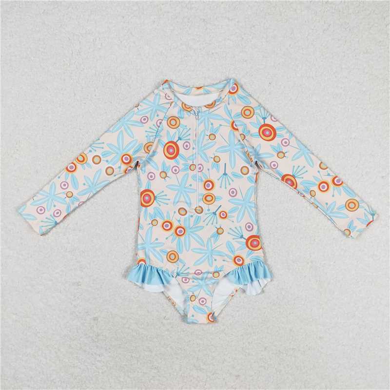 S0242 Baby Girls Blue Leaves Flowers Long Sleeve Zip Swimsuits