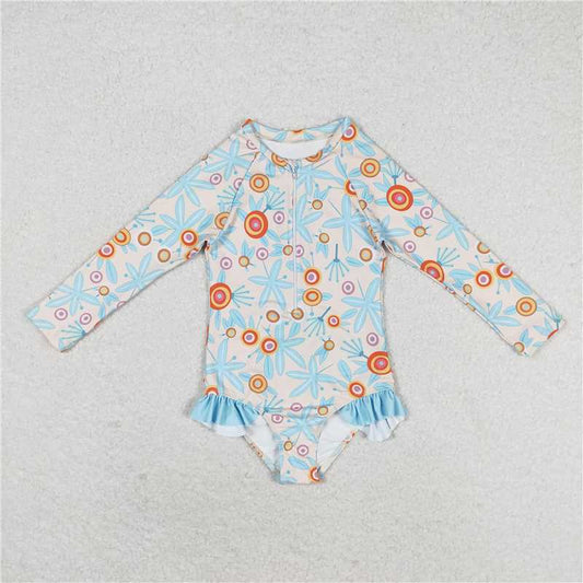 S0242 Baby Girls Blue Leaves Flowers Long Sleeve Zip Swimsuits