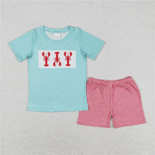 RTS NO MOQ Baby Boys kids Summer Sets BSSO0597 Crayfish Teal Short Sleeve Red and White Plaid Shorts Set