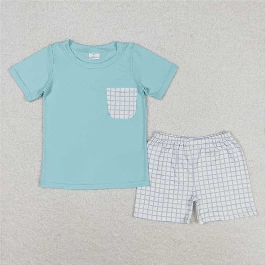 RTS NO MOQ Baby Boys kids Summer Sets BSSO0799 Blue plaid pocket short-sleeved shorts set