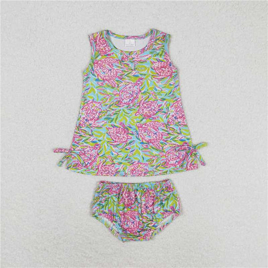 RTS NO MOQ Baby Girls Summer Outifts GBO0352 Pink Turtle Top Bows Bummies Clothes Sets