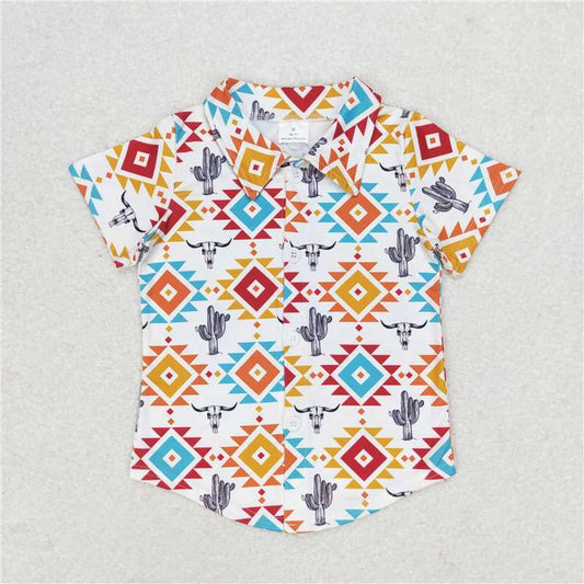 RTS NO MOQ Summer Baby Boys Shirt BT0550 Aztec Cow Skull Cactus Short Sleeve Buttons Tee Shirts Tops