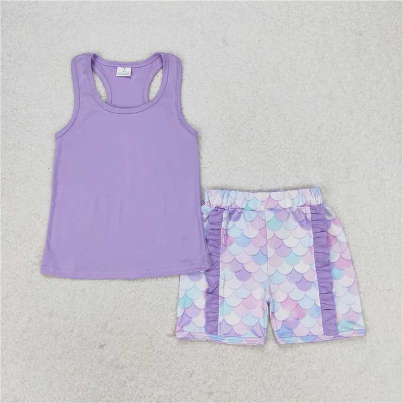 GSSO1060 Baby Girls Purple Vest Bows Top Ruffle Floral Shorts Clothes Sets