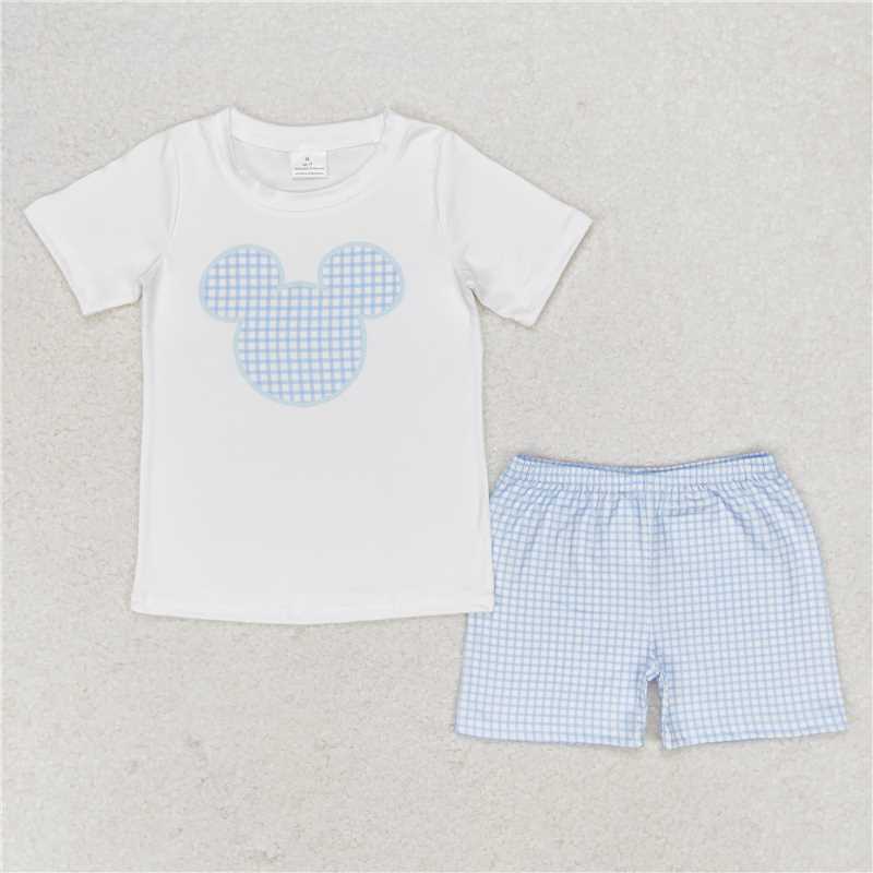 RTS NO MOQ Baby Boys kids Summer Sets BSSO0860 White Short Sleeve Blue Plaid Shorts Suit