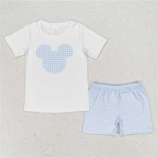 RTS NO MOQ Baby Boys kids Summer Sets BSSO0860 White Short Sleeve Blue Plaid Shorts Suit