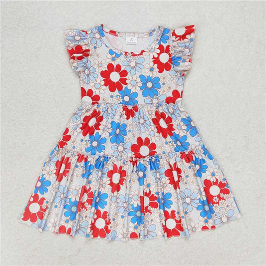 7.30 RTS NO MOQ Summer Baby Girls Dresses GSD0921 Blue Red Flowers Flutter Sleeve Knee Length Dresses