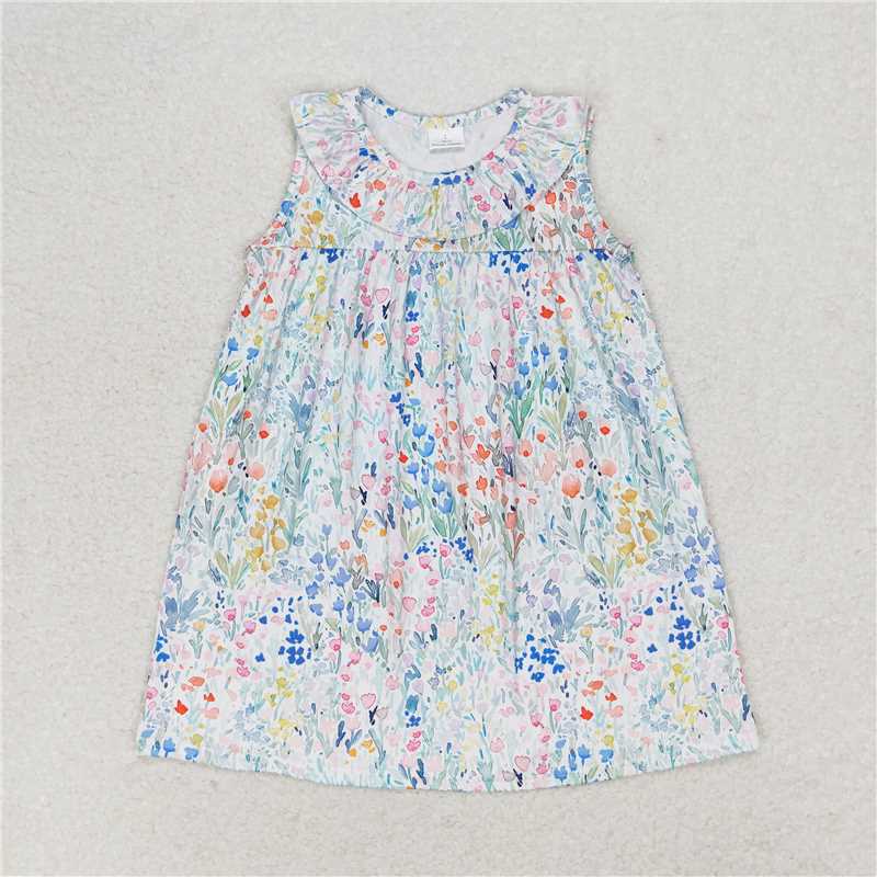 7.30 RTS NO MOQ Summer Baby Girls Dresses GSD0967 Green Pink Floral Ruffle Knee Length Dresses