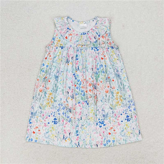 7.30 RTS NO MOQ Summer Baby Girls Dresses GSD0967 Green Pink Floral Ruffle Knee Length Dresses