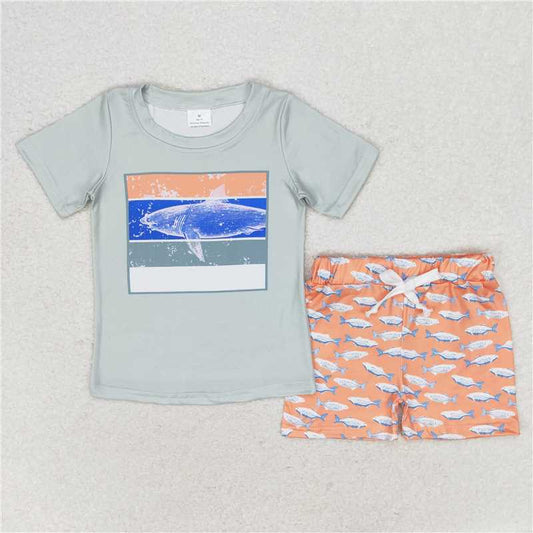 RTS NO MOQ Baby Boys kids Summer Sets BSSO0899 Shark Green Short Sleeve Orange Shorts Set