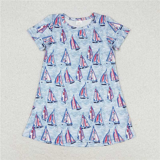 7.30 RTS NO MOQ Summer Baby Girls Dresses GSD1161 Sail Boats Short Sleeve Knee Length Dresses