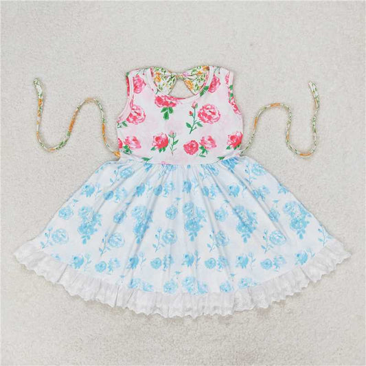 7.30 RTS NO MOQ Summer Baby Girls Dresses GSD0987 Pink Flowers Blue Belt Floral Ruffle Knee Length Dresses