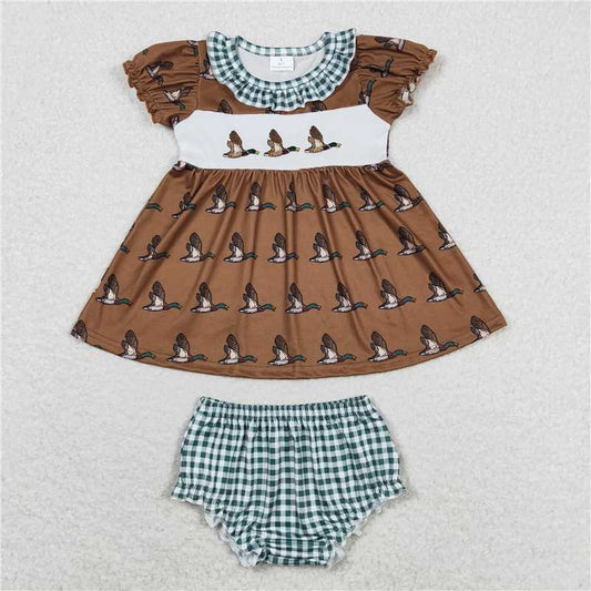 RTS NO MOQ Baby Girls Summer Outifts GBO0319 Ducks Green Checkered Tunic Top Bummies Clothes Sets