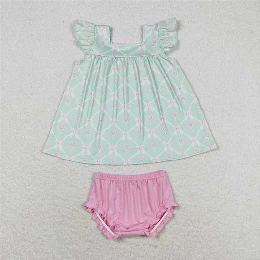 RTS NO MOQ Baby Girls Summer Outifts GBO0353 Flutter Sleeves Green Bows Top Bummies Clothes Sets