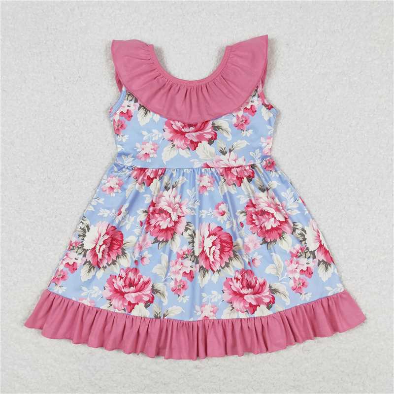 7.30 RTS NO MOQ Summer Baby Girls Dresses GSD0723 Pink Blue Flowers Bow Back Knee Length Dresses