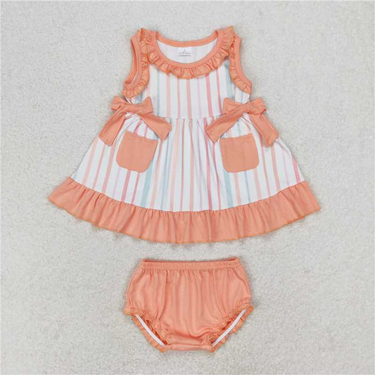 RTS NO MOQ Baby Girls Summer Outifts GBO0293 Orange Stripes Sleeveless Top Summer Bummies Clothes Sets