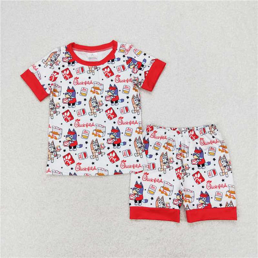 RTS NO MOQ Baby Boys kids Summer Sets BSSO0948 Fried Chicken Star Red and White Short Sleeve Shorts Pajama Set