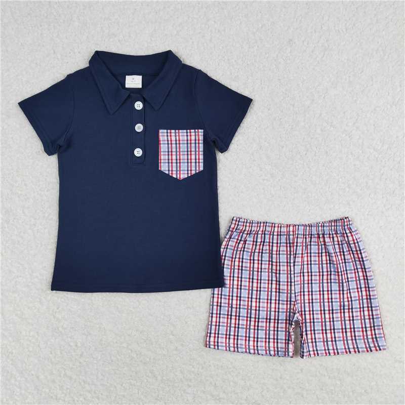 RTS NO MOQ Baby Boys kids Summer Sets BSSO0628 Red and blue plaid pocket navy blue short-sleeved shorts suit